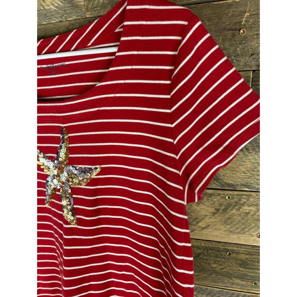 Croft & Barrow Women's XL Red White Striped Top Sequin Starfish - Picture 4 of 13
